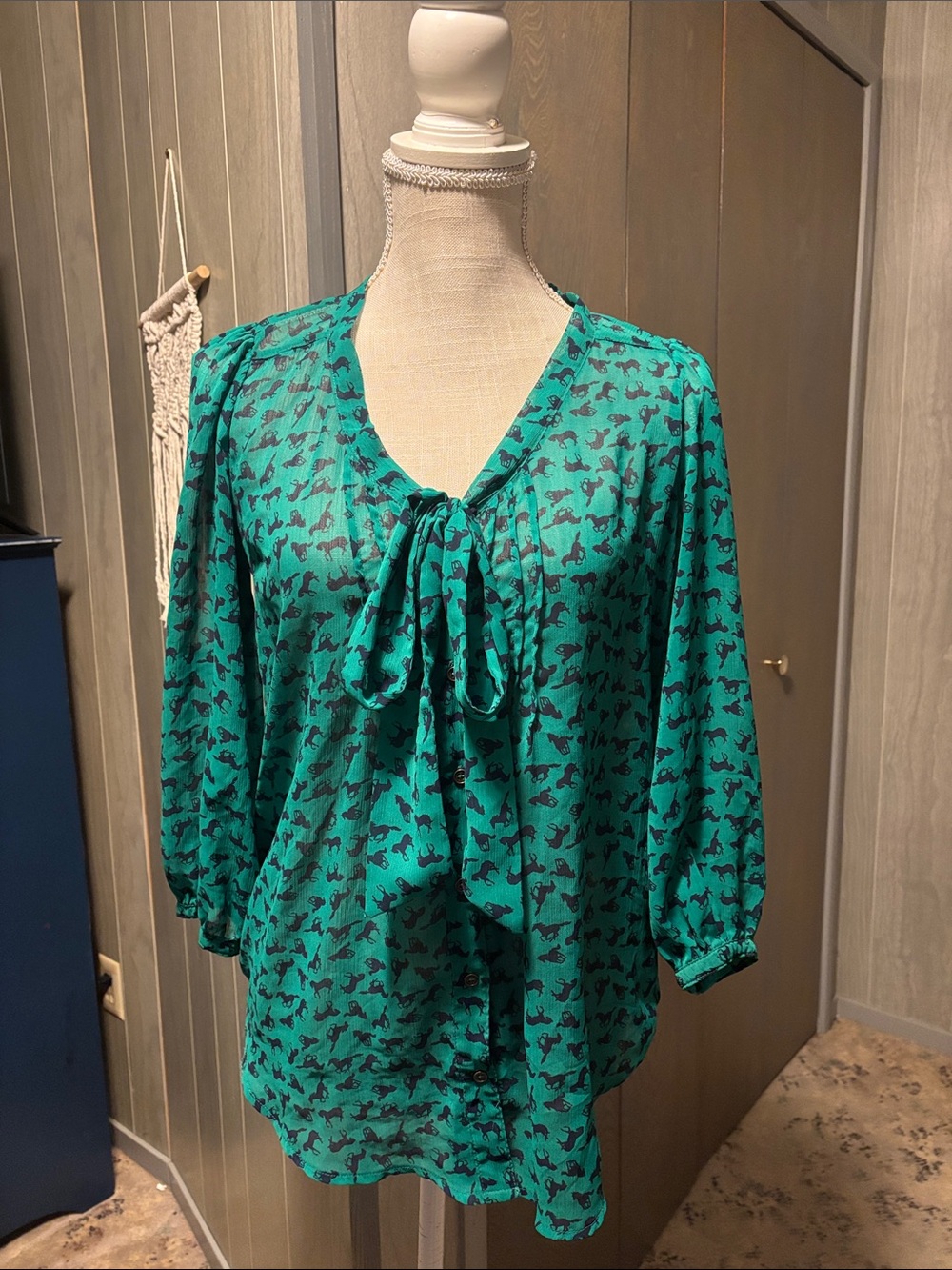 Xhilaration Horse Sheer Tie Neck Blouse Top Retro 70s Style Green Flowy Bow